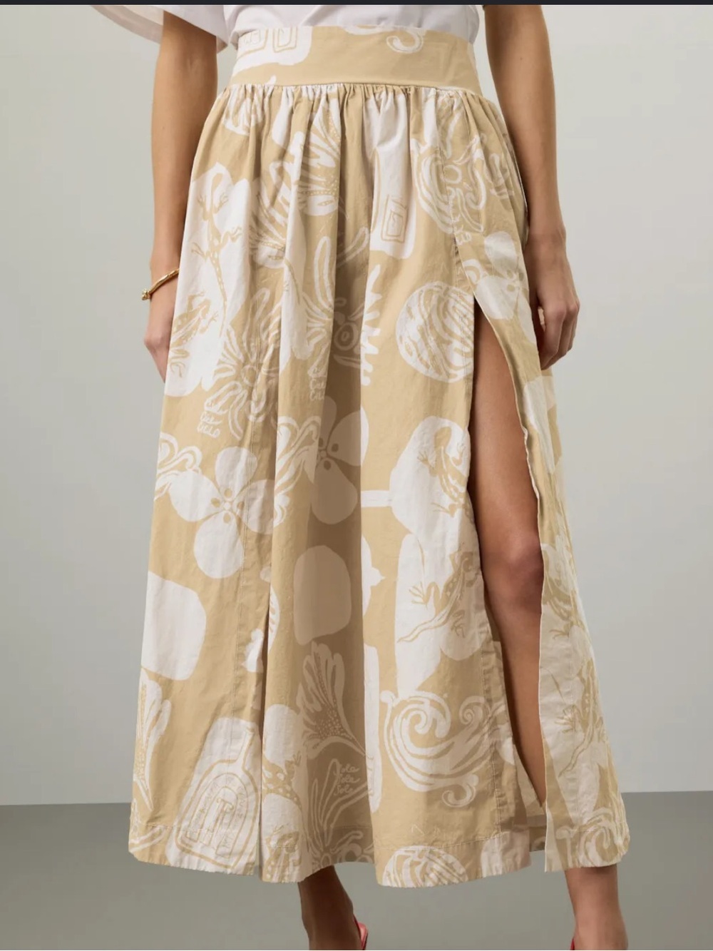 Rodebjer Taemoo Beige & White Printed Cotton Midi Slit Skirt Size Medium